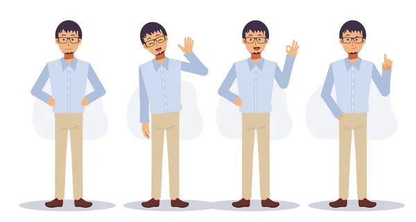 Man Glasses Various Gesture Confident Hand Gesture Thinking Something Out — Stock Vector