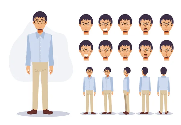 Character Man Wear Casual Clothing Glasses Various Views Flat Vector — Stock Vector