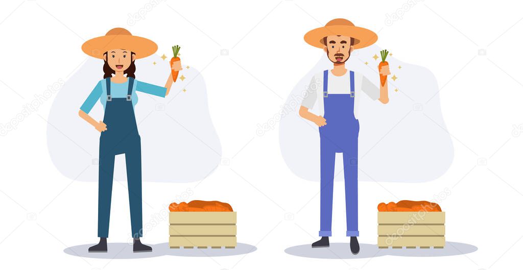 agriculture concept,set of happy farmer showing the product,carrot,a   box of carrot at side.Flat vector 2D cartoon character illustration.