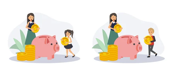 お母さんは子供にお金を節約する方法を教えています お金の概念を保存 貯金箱 平面ベクトル2D漫画のキャラクターイラスト — ストックベクタ