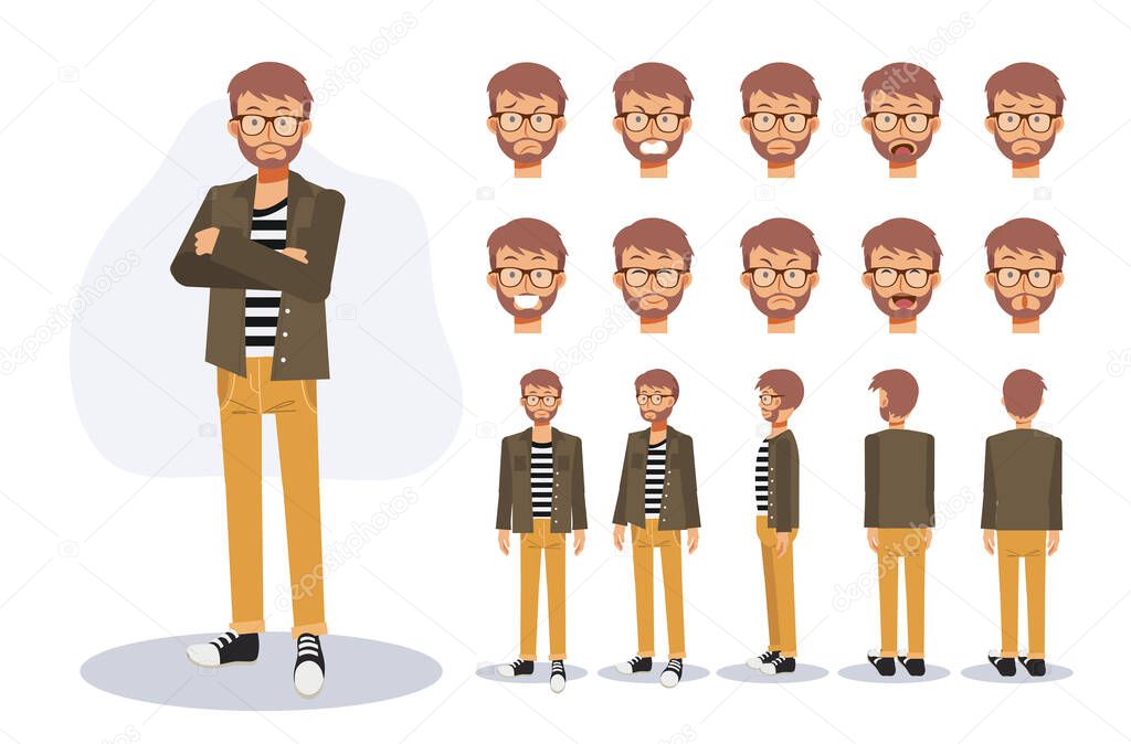 Casual man ,Front, side, back view animated character. Flat Vector Character creation set with various views, Cartoon style, flat vector illustration. Emotion.