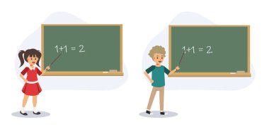 Okuma, öğretme, eğitim kavramı. Küçük çocuk, öğretmen gibi davranıyor ve tahtada matematik öğretiyor. Düz vektör 2D çizgi film karakteri çizimi.