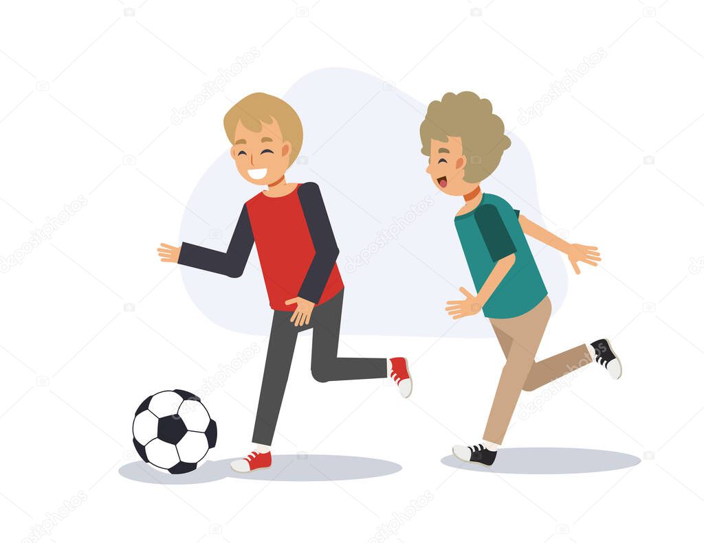Education sport concept, young kid are playing football,soccer togeteher. Flat vector 2d cartoon character illustration.