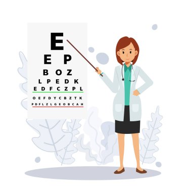 Oftalmoloji ve göz doktoru konsepti. Kadın doktor oftalmolog chart.Düz vektör 2d karakter çizimi kullanarak göz testi yapıyor. 