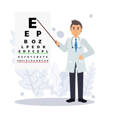 Oftalmoloji ve göz doktoru kavramı. Erkek doktor oftalmolojist chart.Düz vektör 2d karakter çizimi kullanarak göz testi yapıyor. 