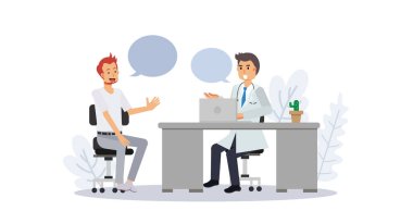 Bir adam doktordan tavsiye aldı. Doktor randevusu, tıbbi konsept. Düz vektör 2d çizgi film karakteri çizimi. 