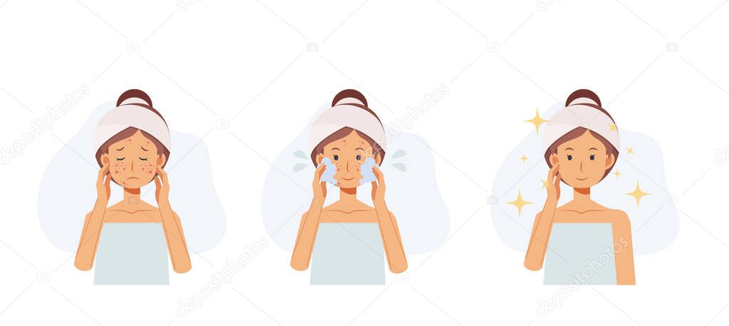 treat acne,skin problem,pimple .woman face.Beautyful.before after,cleansing face. Flat vector 2d cartoon character illustration. 