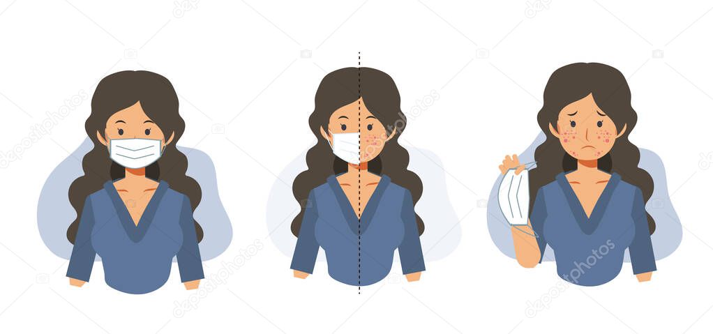 Acne caused wearing face mask.Maskne concept.pimples. skin problems .Flat vector cartoon character illustration.