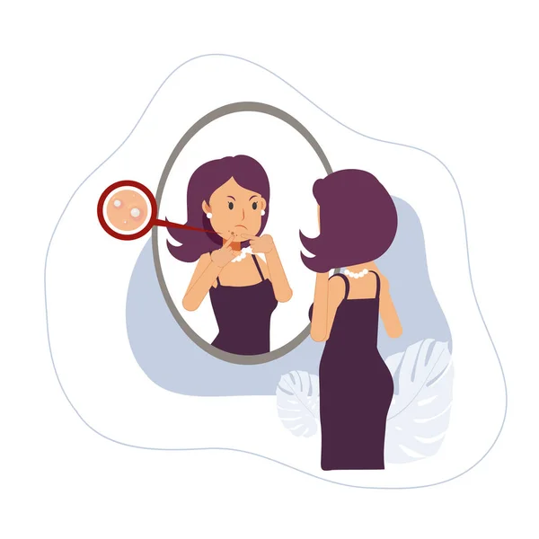 Acne Treatment Beautiful Woman Squeezing Her Pimple Looks Her Reflection — Stock Vector