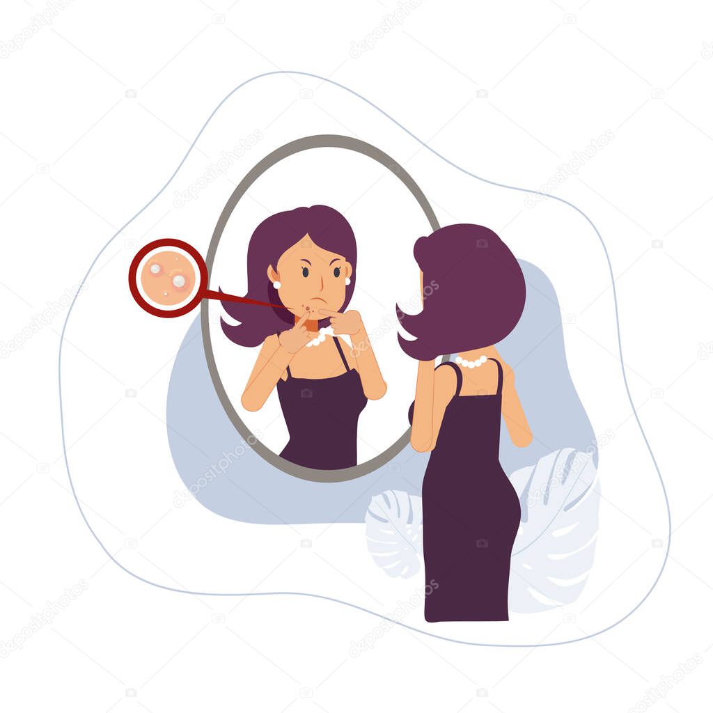  Acne treatment.beautiful woman squeezing her pimple, looks her reflection in the mirror and getting angry due to acne problem. Acne treatment. Flat Vector cartoon character illustration