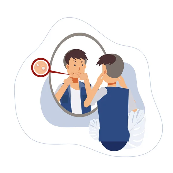 Acne Treatment Man Squeezing His Pimple Looks His Reflection Mirror — ストックベクタ