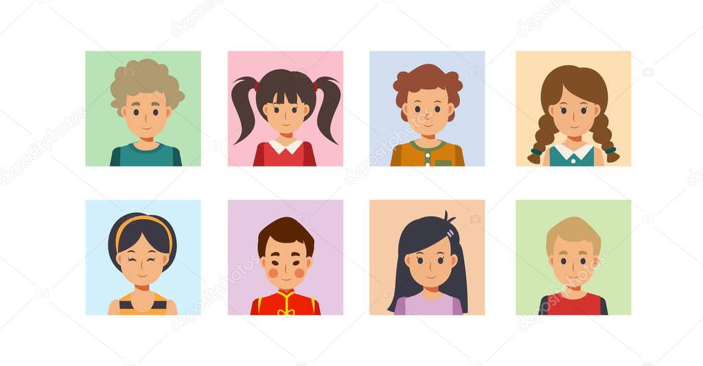 Set of different avatar of boys and girls on square.Flat vector cartoon character illustration.