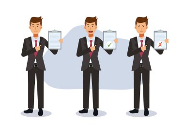 Resmi giyinmiş bir iş adamı, klipsli ofis çalışanları. Duygu. Düz vektör çizgi film karakteri çizimi..