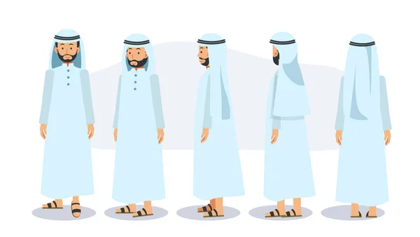 Cartoon Character Muslim Man Front Side Back View Character Flat — Stock Vector