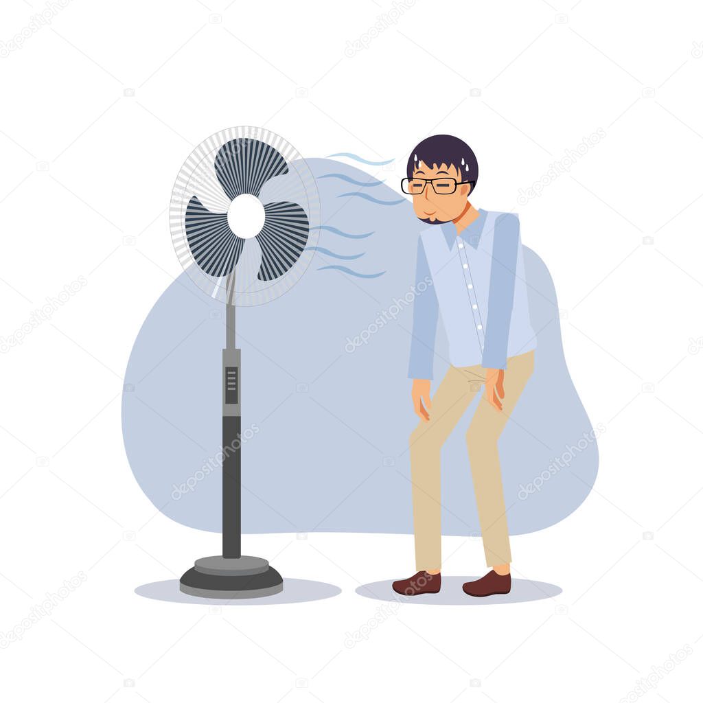 A man in front of an electric fan on hot summer days.a man cool his bodies in front of fan.Flat Vector cartoon illustration.