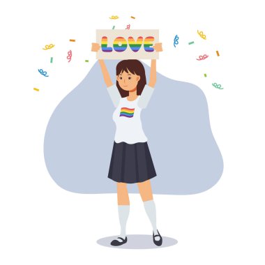 Bir kadın, gökkuşağı renginde yazılı pankartlar taşır transseksüel sembolü, gurur ayı, insan hakları kutlanır. Eşitlik ve homoseksüellik. Düz vektör çizgi film karakteri çizimi.