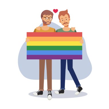 Gurur Ayı 'nı kutlayın, Igbt ya da biseksüel çift kavramı, aşk ve romantizm. Gökkuşağı kalbi. Gurur geçidi. Düz vektör çizgi film karakteri çizimi.