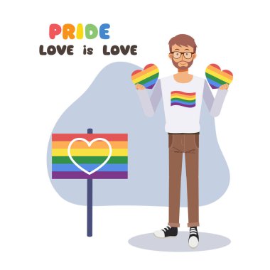 Gurur Ayı 'nı kutlayın, Igbt ya da biseksüel çift kavramı, aşk ve romantizm. Gökkuşağı kalbi. Düz vektör çizgi film karakteri çizimi.