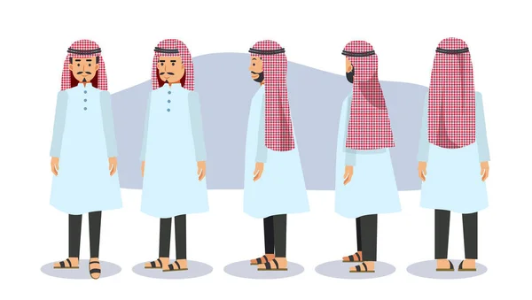 Caractère Bande Dessinée Musulman Homme Arabe Avant Côté Arrière Vue — Image vectorielle