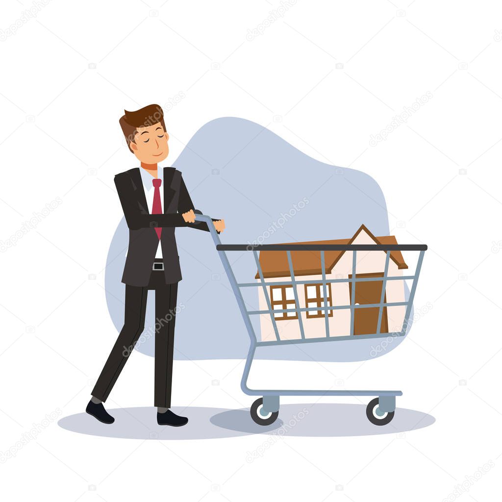 House for Sale,Purchase Real Estate,Buy House concept. man Buying house in Shopping Cart.Flat vector cartoon character illustration
