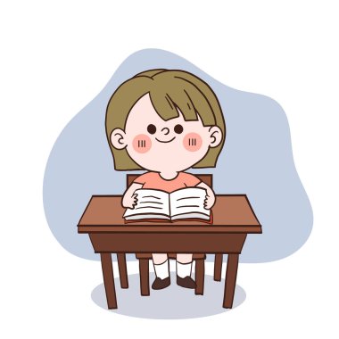 Sevimli mutlu küçük bir öğrenci kız nasır odasında öğreniyor. vektör çizgi film karakteri