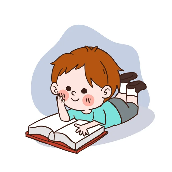 Happy Little Boy Reading Book Vector Cartoon Character — Stockvector
