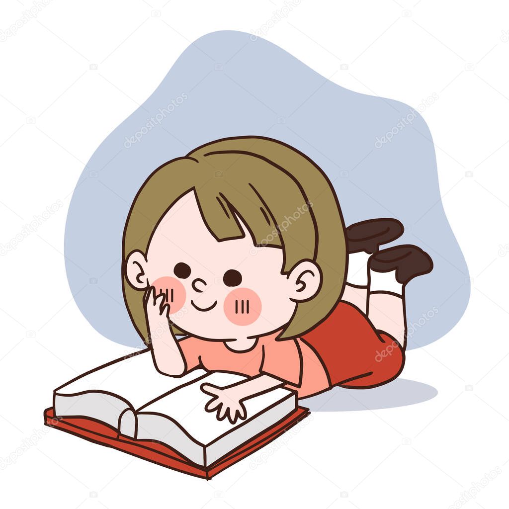 A happy little girl reading a book. vector cartoon character.