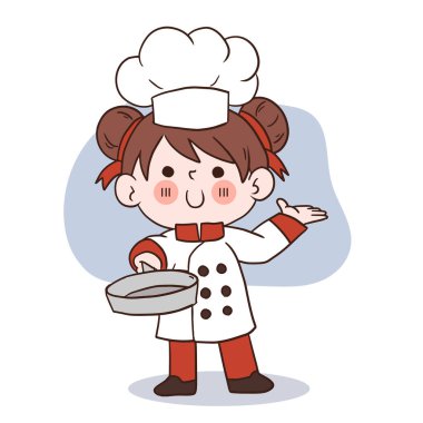 Mutlu gülümseme küçük kız şef. Çocuk yemek pişirme konsepti. Karalama el çizimi vektör çizimi..