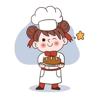 Happy smile little girl chef.kid cooking concept.Doodle hand drawn vector illustration.