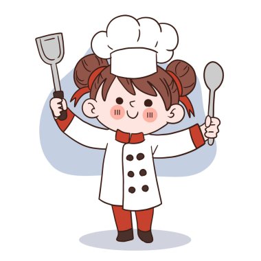 Mutlu gülümseme küçük kız şef. Çocuk yemek pişirme konsepti. Karalama el çizimi vektör çizimi..