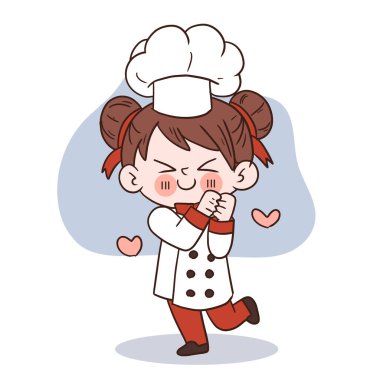 Mutlu gülümseme küçük kız şef. Çocuk yemek pişirme konsepti. Karalama el çizimi vektör çizimi..