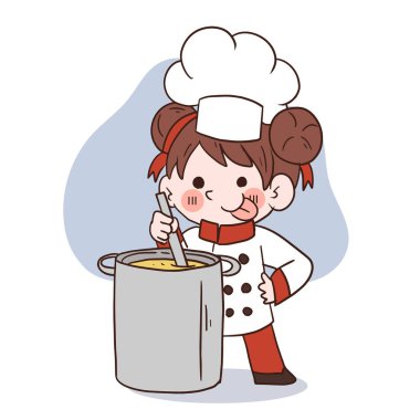 Mutlu gülümseme küçük kız şef. Çocuk yemek pişirme konsepti. Karalama el çizimi vektör çizimi..