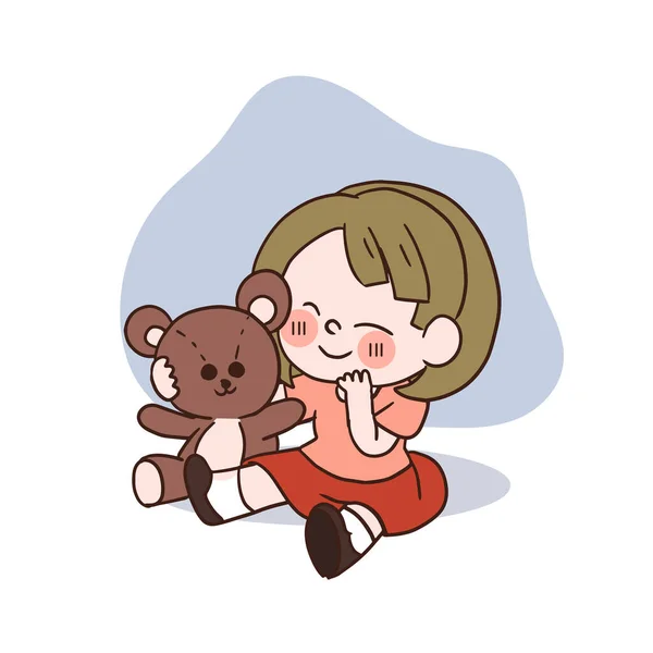 Happy Cute Little Girl Playing Teddy Bear Vector Cartoon Character — ストックベクタ