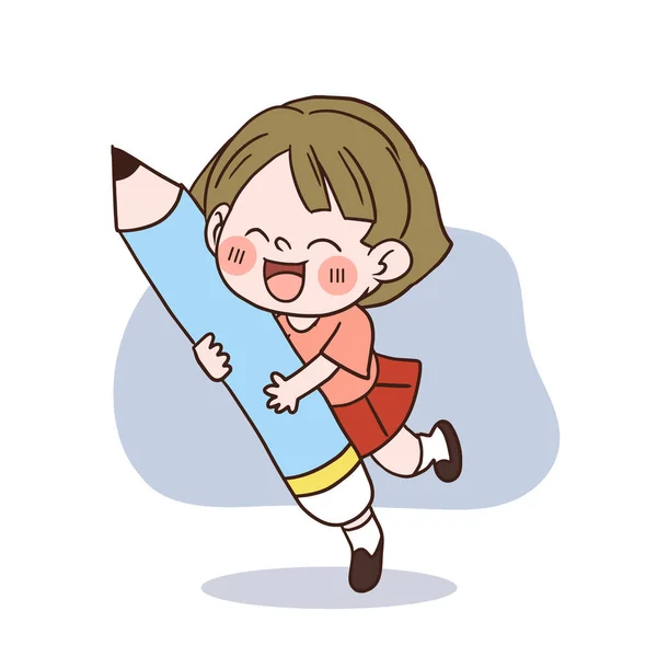 一个有着巨大铅笔的快乐可爱的小女孩 矢量卡通人物 — 图库矢量图片