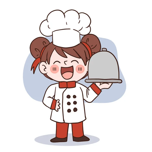 Sorriso Feliz Menina Chef Kid Cozinhar Concept Doodle Mão Desenhada — Vetor de Stock