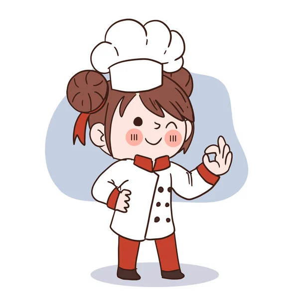 Sorriso Feliz Menina Chef Kid Cozinhar Concept Doodle Mão Desenhada — Vetor de Stock