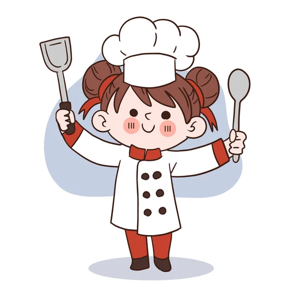 Happy Smile Little Girl Chef Kid Cooking Concept Doodle Hand — Stock Vector