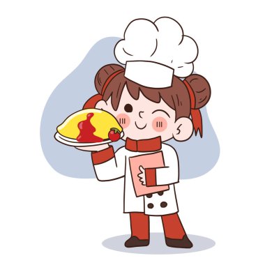 Sevimli genç şef kız gülümsüyor ve elinde rice.karikatür vektör sanat çizimi ile omlet tutuyor.