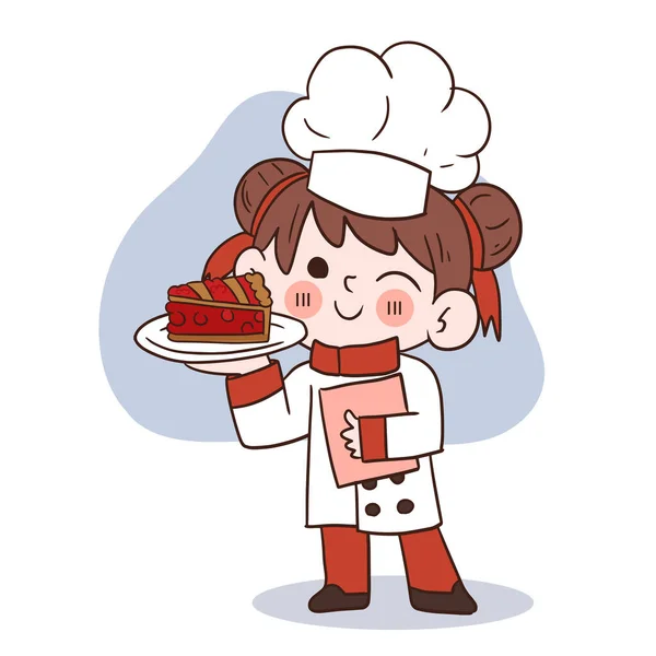 Menina Chef Jovem Bonito Sorrindo Segurando Pedaço Morango Pie Cartoon — Vetor de Stock