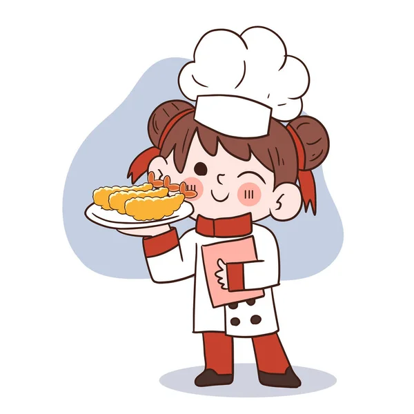 Cute Young Chef Girl Smiling Holding Fried Shrimp Tempura Cartoon — Stock Vector