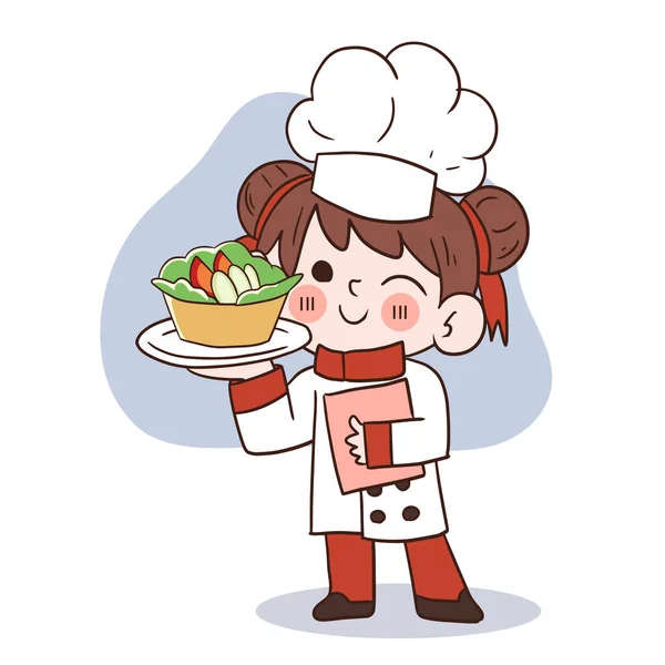 Mignon Jeune Chef Fille Souriant Tenant Une Illustration Vectorielle Art — Image vectorielle