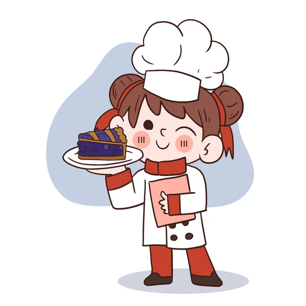 Menina Chef Jovem Bonito Sorrindo Segurando Pedaço Blueberry Pie Cartoon — Vetor de Stock