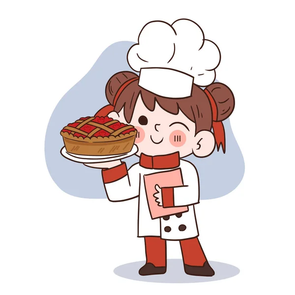 かわいい若いシェフの女の子は笑顔とイチゴのパイを保持します 漫画のベクトルアートイラスト — ストックベクタ