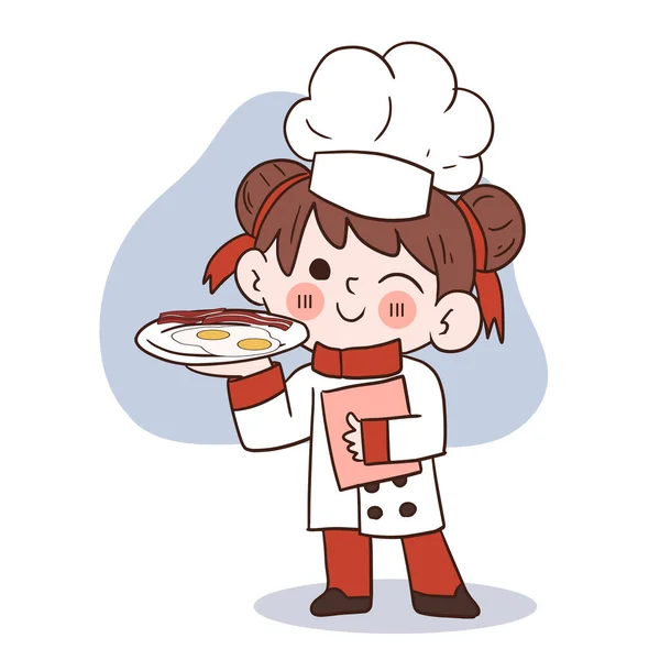可愛い若いシェフの女の子が笑顔でアメリカの朝食 目玉焼き ベーコンを持っています 漫画のベクトルアートイラスト — ストックベクタ
