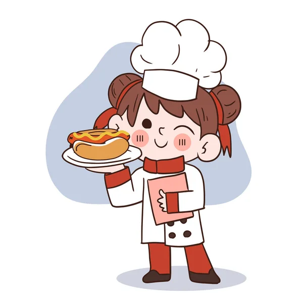Cute Young Chef Girl Smiling Holding Hotdog Cartoon Vector Art — Stock Vector