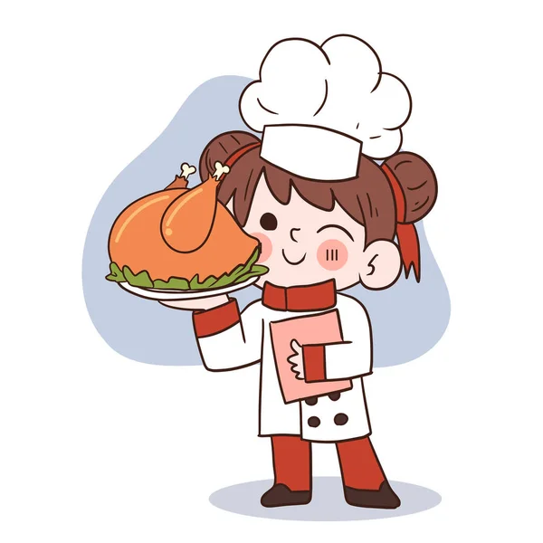 Mignon Jeune Chef Fille Souriant Tenant Poulet Rôti Dessin Animé — Image vectorielle