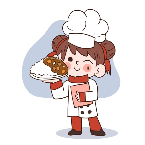 Linda Chica Joven Chef Sonriendo Sosteniendo Curry Japonés Con Ilustración — Archivo Imágenes Vectoriales