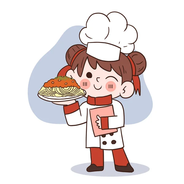 Cute Young Chef Girl Smiling Holding Spaghetti Cartoon Vector Art — Stock Vector