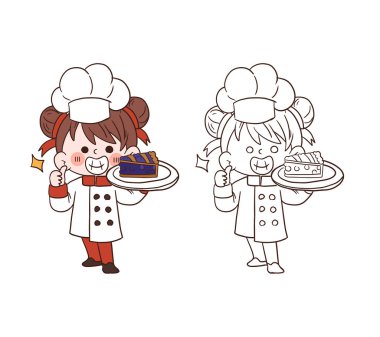 Gülümseyen ve elinde yaban mersinli turta tutan sevimli genç şef kız. Çizgi film vektör çizimi.