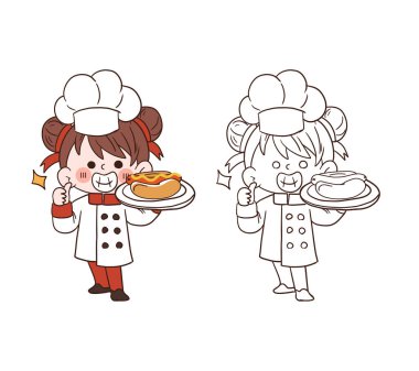 Sevimli genç şef kız gülümsüyor ve elinde bir hotdog.çizgi film vektör çizimi tutuyor